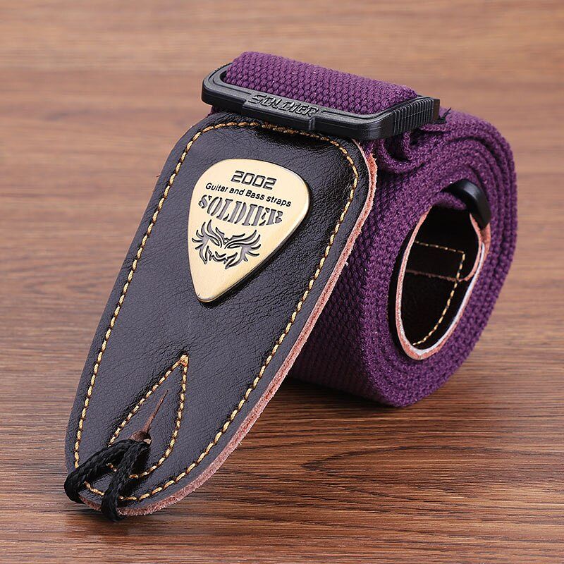 Correa de guitarra eléctrica clásica en color violeta con cabeza de cuero