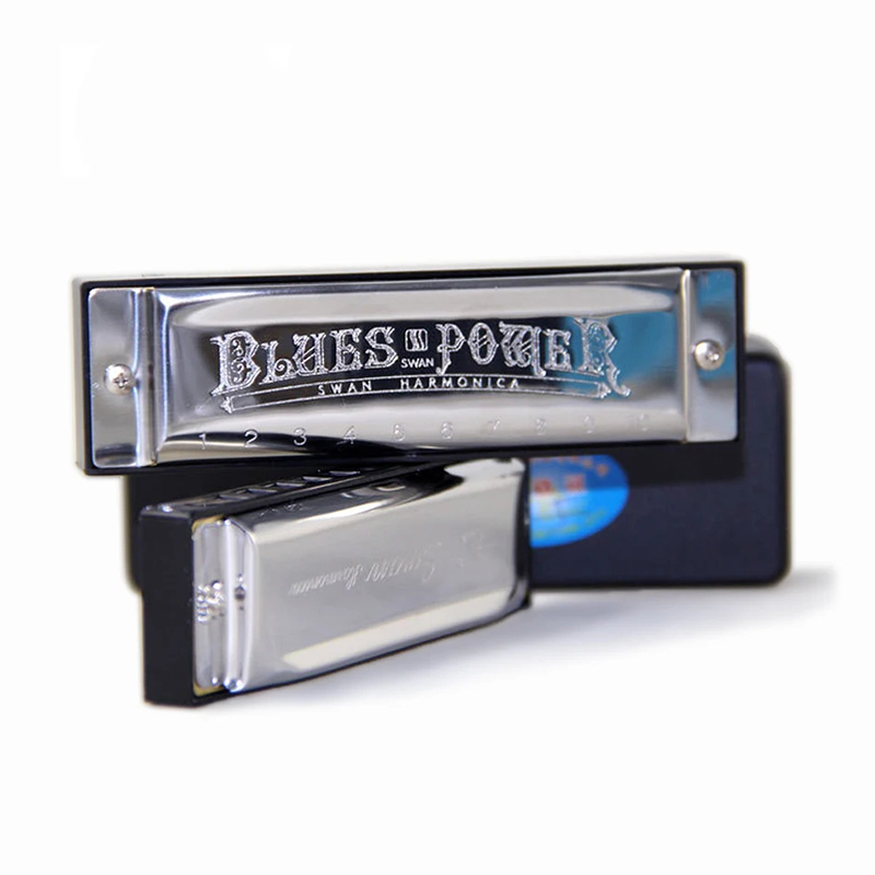 caja de armónica diatónica de metal con diseño de blues y estuche de latón