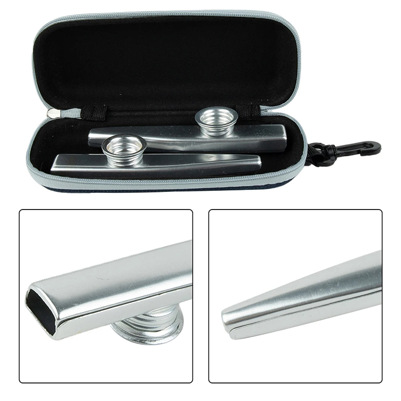 detalles de un estuche con dos kazoos de metal de color aleatorio