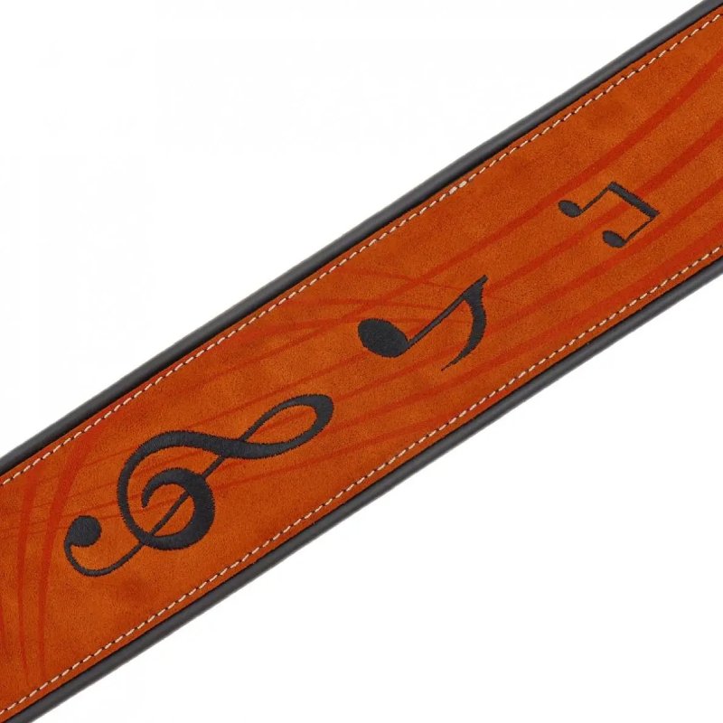Detalles de notas en una correa de guitarra de ante beige con motivo de notas musicales