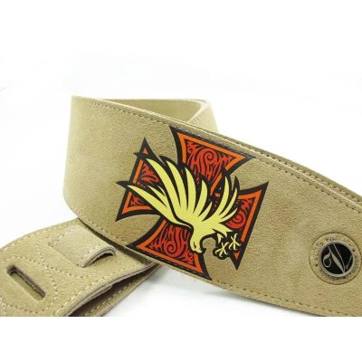 Correa de guitarra de cuero y ante con diseño de cruz de hierro y águila - color beige
