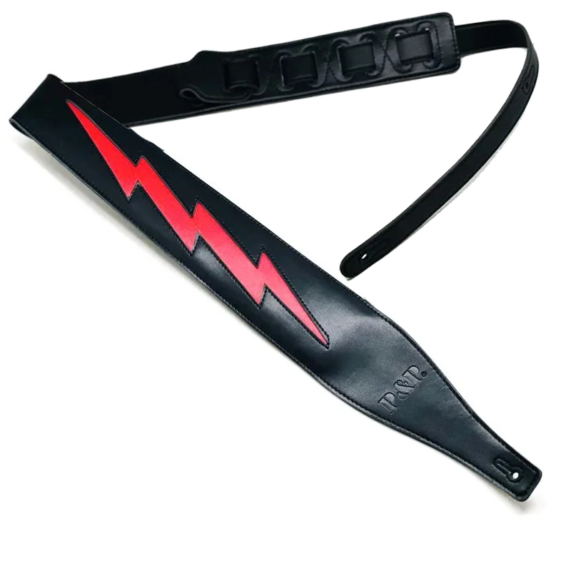 Correa de guitarra de cuero con icónico diseño de rayo rojo sobre negro