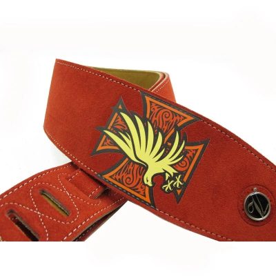 Correa de guitarra de cuero y ante con motivo de cruz de hierro y águila - color rojo