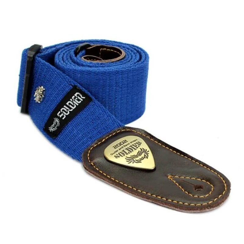 Correa de guitarra de algodón con extremos de cuero, pequeño motivo de cruz - color azul