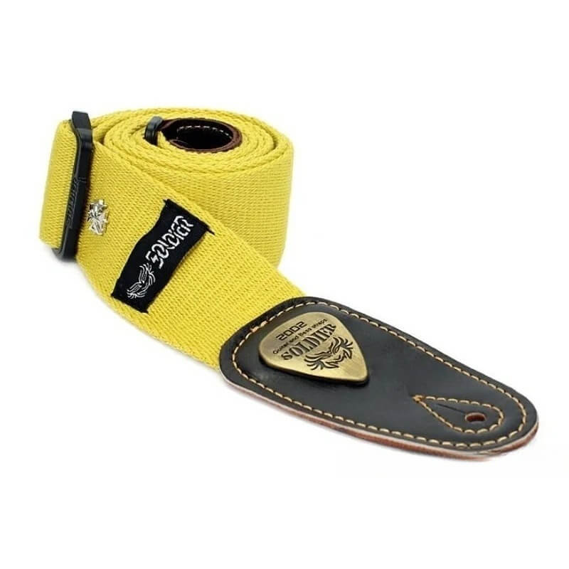 Correa de guitarra de algodón con extremos de cuero y pequeño motivo de cruz - color amarillo