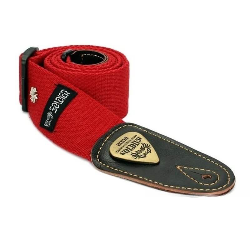 Correa de guitarra de algodón con extremos de cuero, pequeño motivo de cruz - color rojo