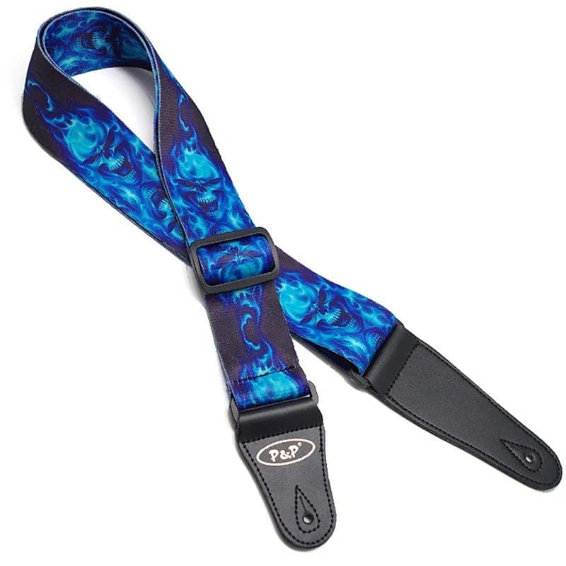 Correa de guitarra con estampado de calavera y llamas azules