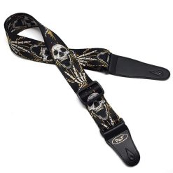 Correa de guitarra con estampado de calavera, mostrando un cráneo gritando