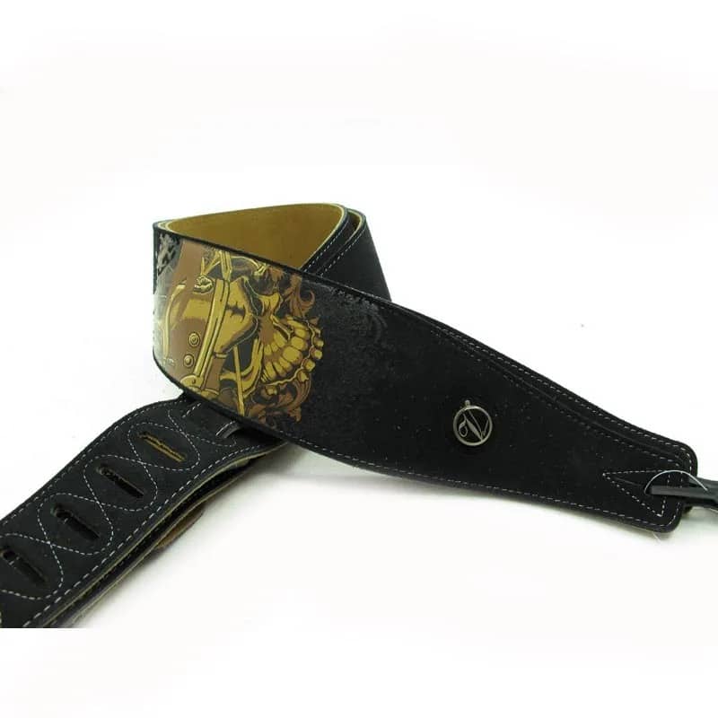 Correa de guitarra con motivo de calavera en cuero de alta calidad - Ajustable, flexible y duradera - Modelo negro