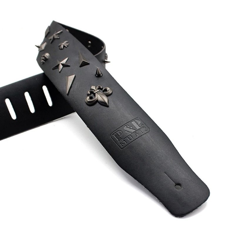 Correa de guitarra de cuero negro con adornos góticos para metal