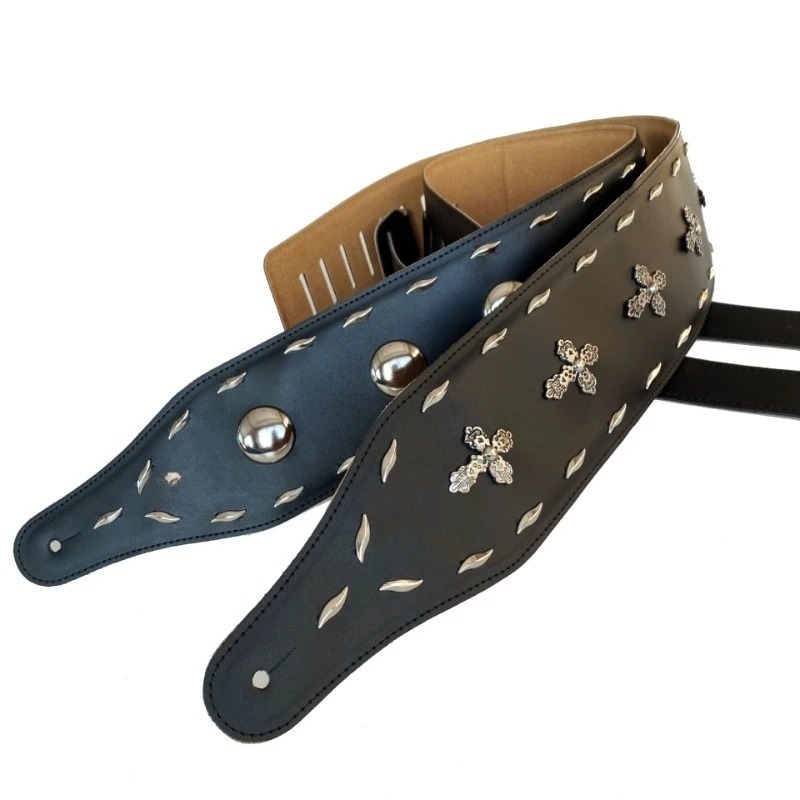 Correa de guitarra de cuero con conchos y cruces para rock y metal - modelo 2