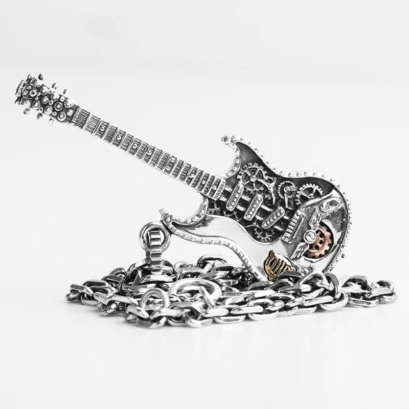 Vista completa del colgante de guitarra rock en plata 925 auténtica