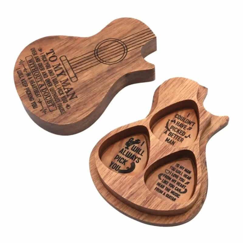 detalles de Caja de Regalo de Púas de Guitarra y Caja de Púas de Madera Tallada