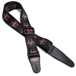 Correa de Guitarra con Cabeza de Muerte, Cráneo, Corazones Rojos y Llamas