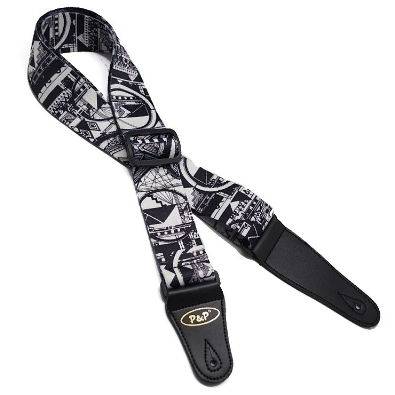 Correa de guitarra con estampado de motivo urbano en blanco y negro