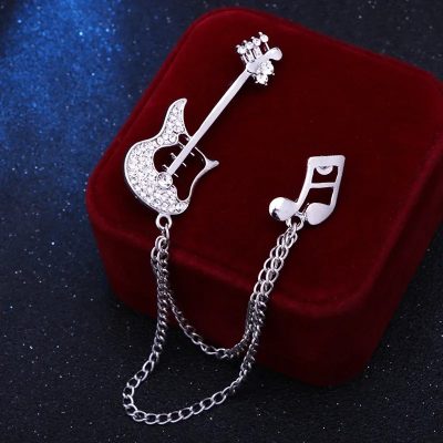 Broche Esmaltada de Guitarra Eléctrica con Cadena de Nota Musical de color Plata