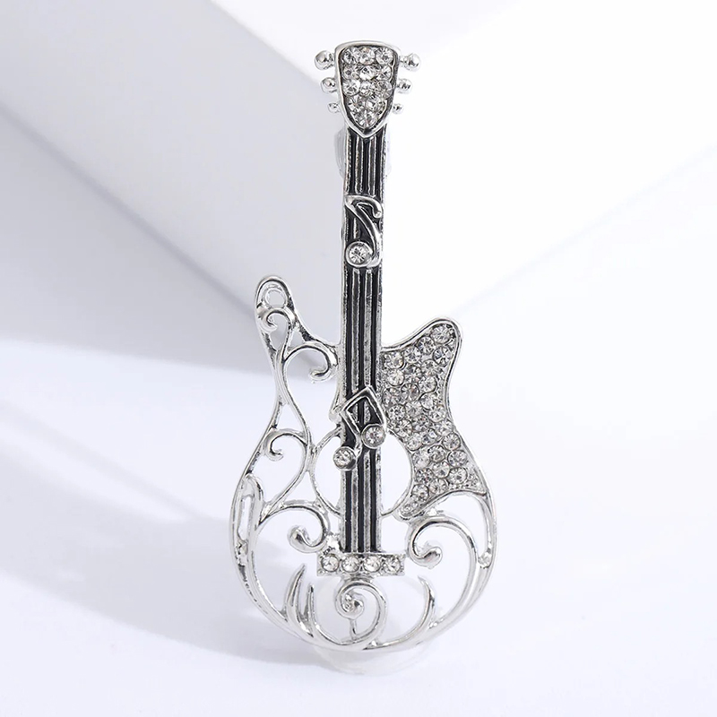 Broche de Diseño de Guitarra Eléctrica Hueca con motivo de Notas Musicales y Strass de color Plata