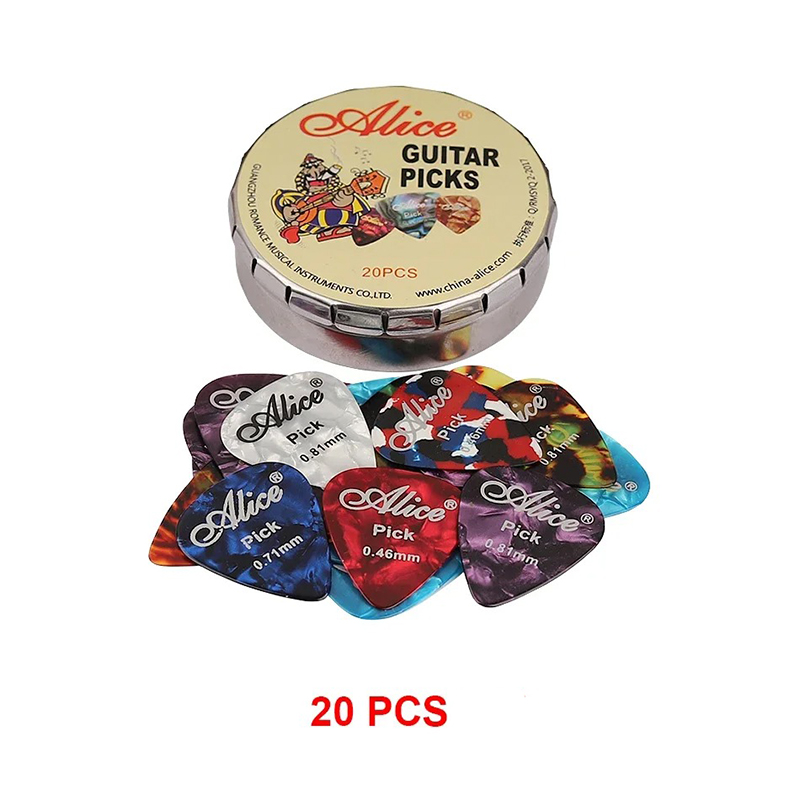 Caja de metal con lote de 20 púas de celuloide.