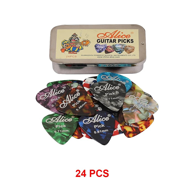 Caja de metal con lote de 24 púas de celuloide.