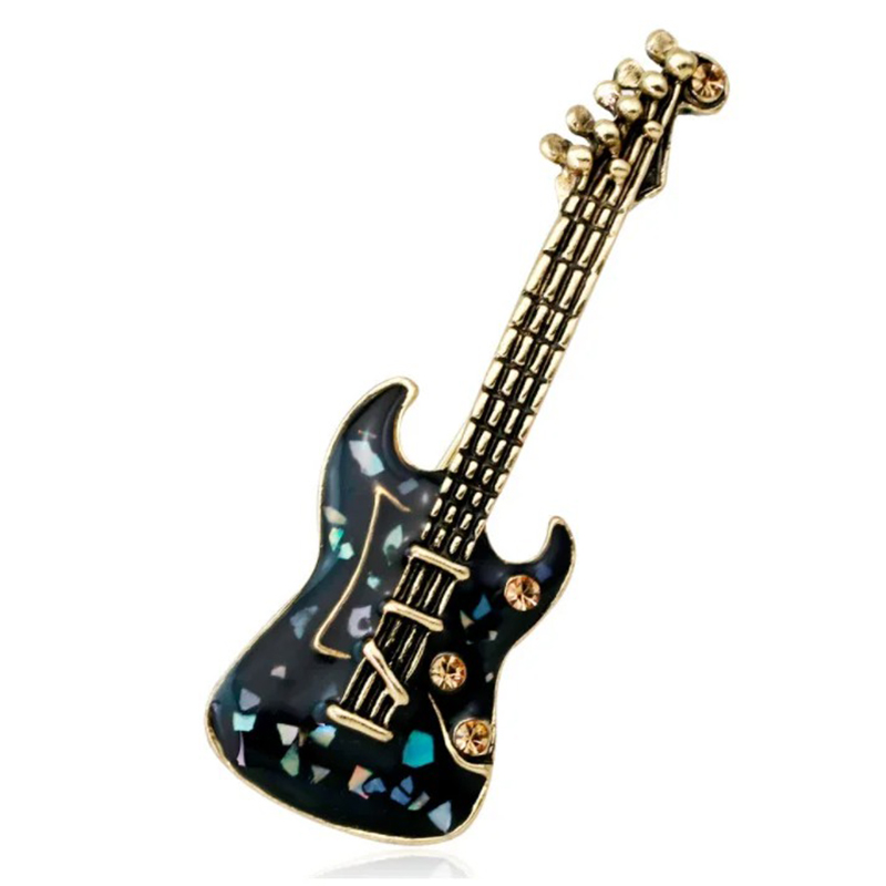 Broche esmaltada de alfileres en forma de guitarra eléctrica de color nácar negro