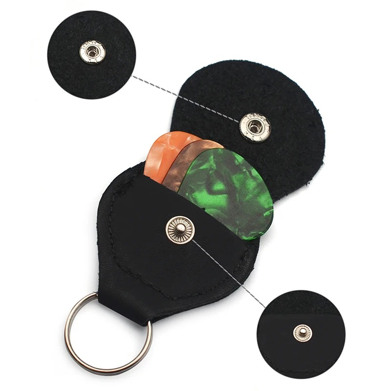 detalles del Lote de 2 Llaveros de Guitarra en Cuero con Estuche para Puas - 3 colores - 6 púas incluidas