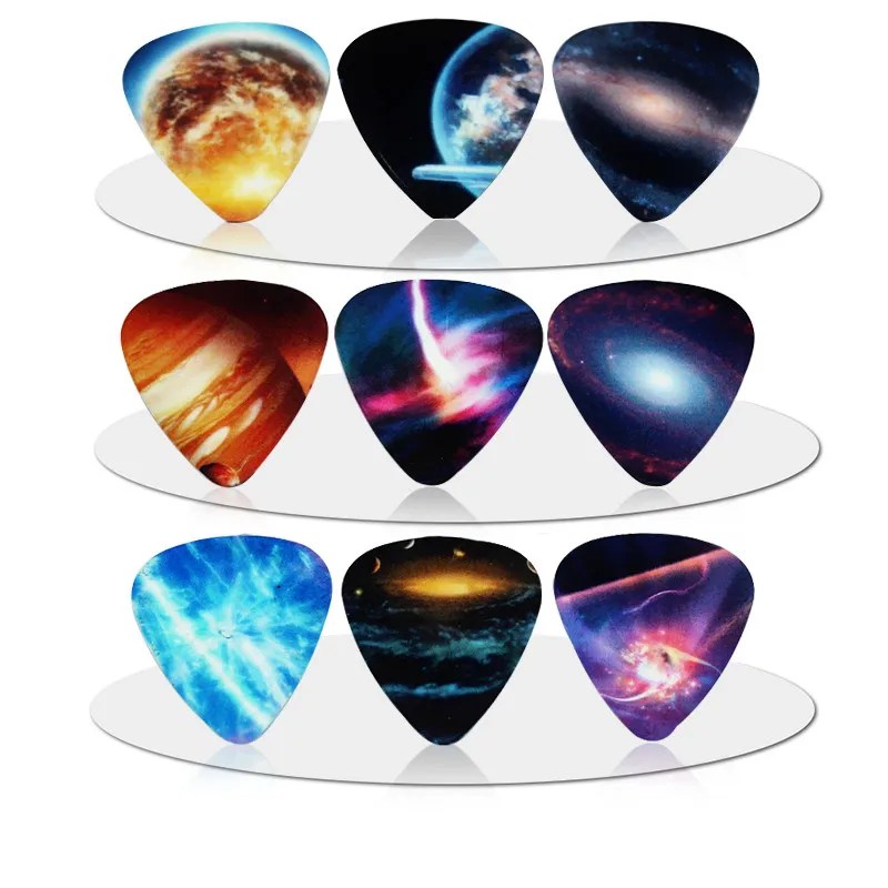 Detalles completos de los diseños del paquete de 10 púas con motivos de Universo, Espacio, Planeta y estrellas