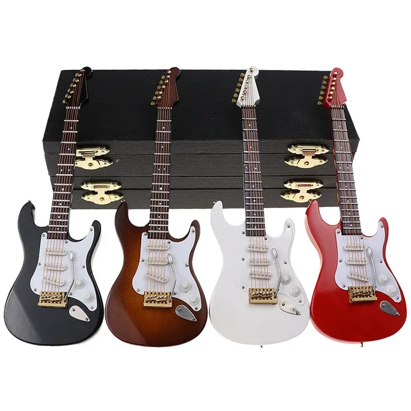 Detalles de la Guitarra Eléctrica Miniatura en Rojo o Negro con Caja de Almacenamiento, 4 Tamaños a Elegir