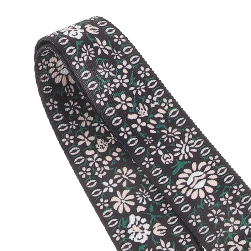 Detalles de la Correa de Banjo Bordada con Diseño Floral en Negro