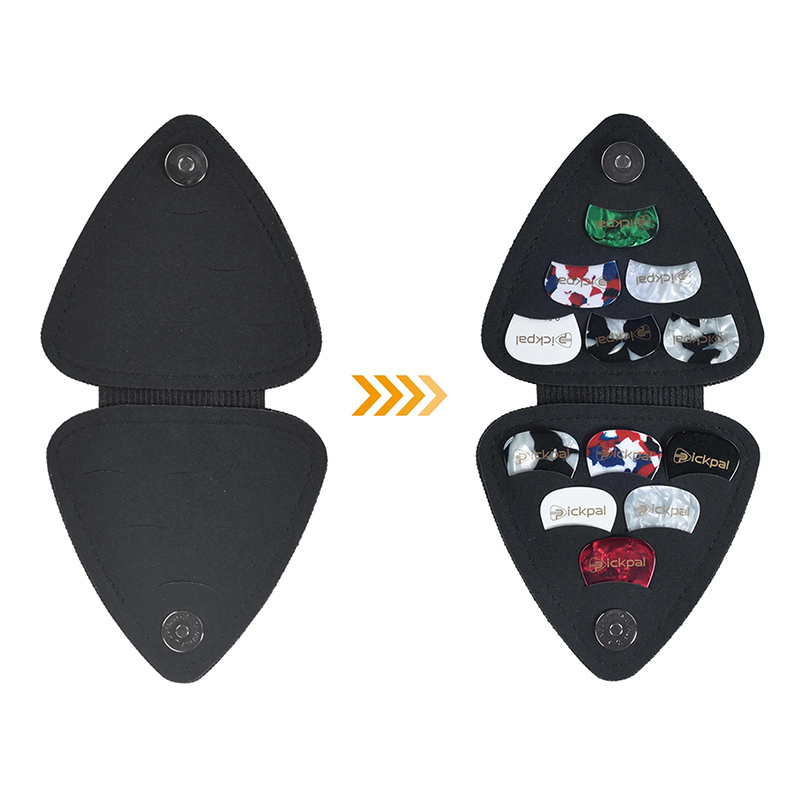 Vista frontal y trasera de la funda para púas de guitarra - con 12 púas incluidas