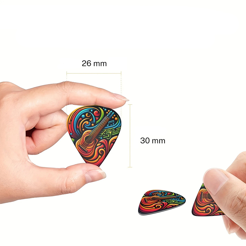 Dimensiones Lote de 6 Púas de Guitarra Coloridas Psicodélicas - 3 tamaños - incluye soporte para púas