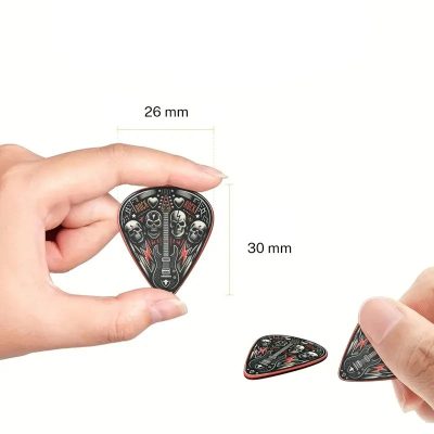 Dimensiones del Lote de 6 Púas de Guitarra con Cabeza de Calavera Hard Rock en 3 tamaños con Soporte para Púas incluido