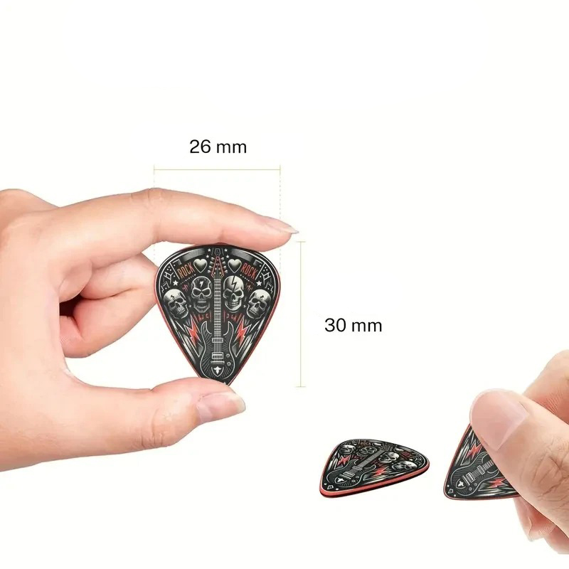 Dimensiones del Lote de 6 Púas de Guitarra con Cabeza de Calavera Hard Rock en 3 tamaños con Soporte para Púas incluido