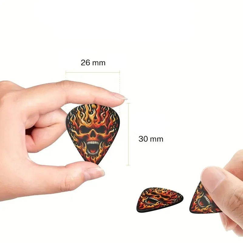 Dimensiones del Lote de 6 Púas de Guitarra con Cabeza de Muerte de Heavy Metal - 3 Tamaños con Soporte para Púas incluido