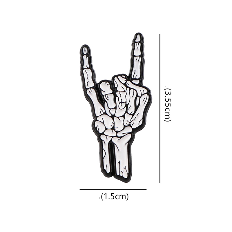 Dimensiones de Pines Esmaltados de Mano Esqueleto Haciendo el Signo de los Cuernos de Metal HardRock