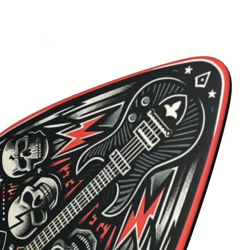 Vista completa del conjunto de 6 púas de guitarra con diseño de calavera de Hard Rock en 3 tamaños, incluye soporte para púas.