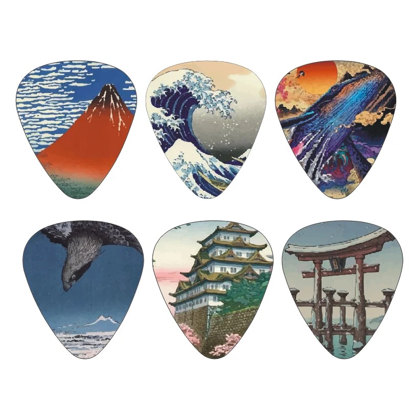 Lote de 12 Púas de Arte Japonés - Hokusai y Monte Fuji