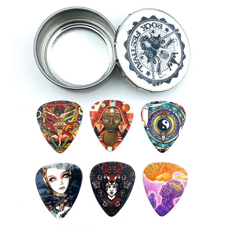 Lote de 12 púas de inspiración gótica oscura de 0.71mm - ¡con caja de metal!