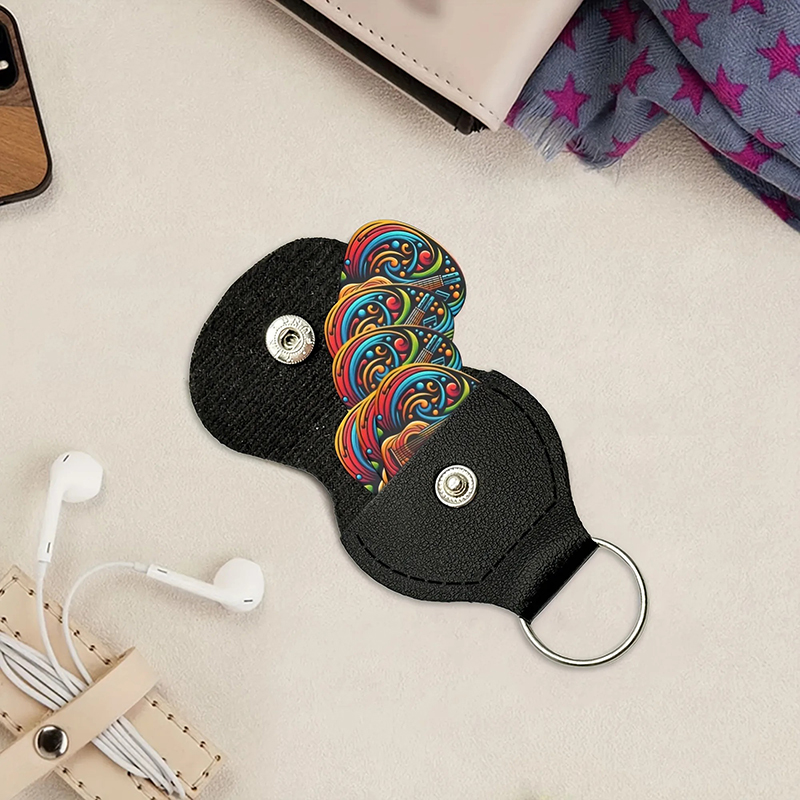 Vista completa del conjunto de 6 púas de guitarra de colores psicodélicos - 3 tamaños - incluye soporte para púas