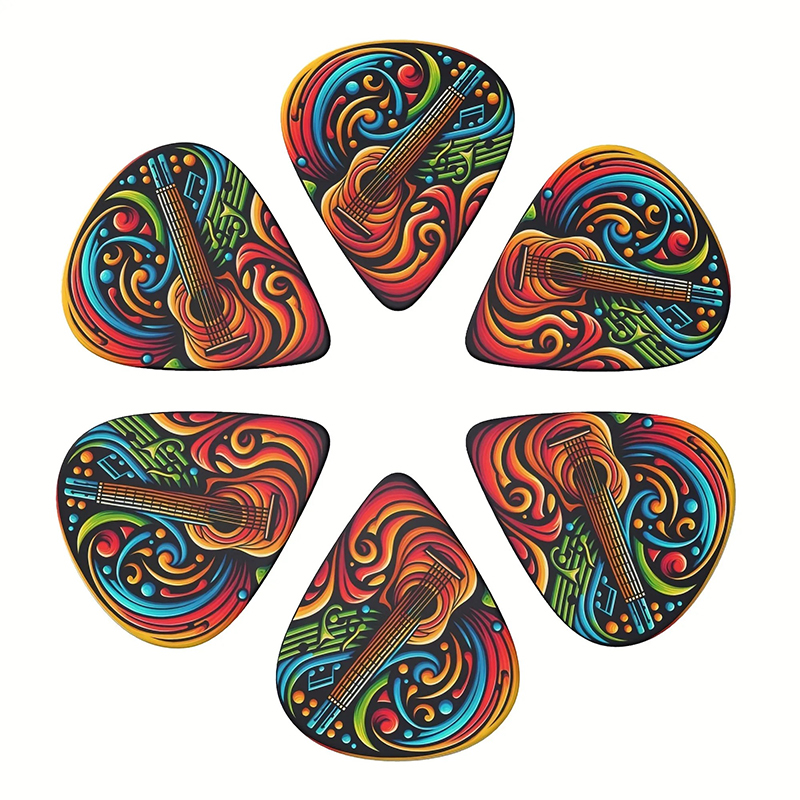 Vista completa del conjunto de 6 púas de guitarra de colores psicodélicos - 3 tamaños - incluye soporte para púas
