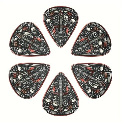 Lote de 6 púas de guitarra con diseño de calavera de Hard Rock - 3 tamaños con soporte para púas incluido