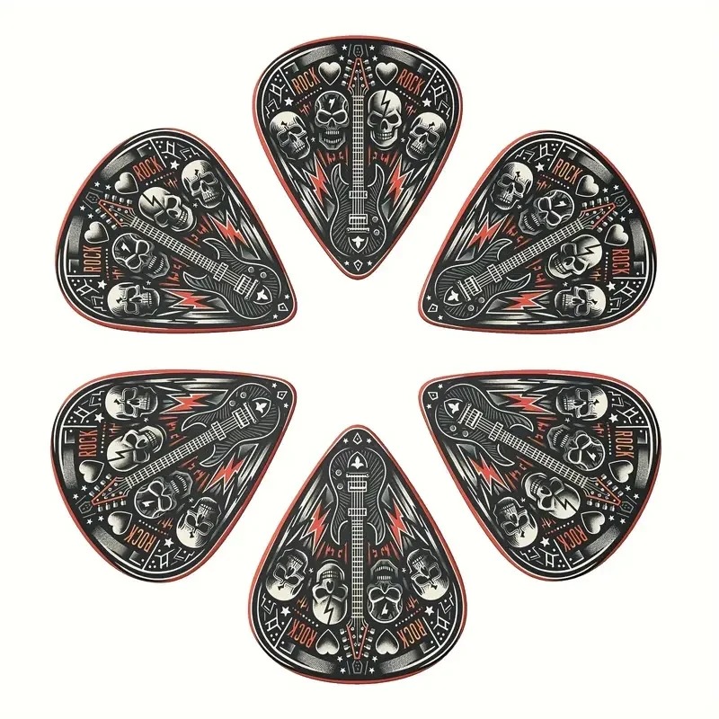 Lote de 6 púas de guitarra con diseño de calavera de Hard Rock - 3 tamaños con soporte para púas incluido