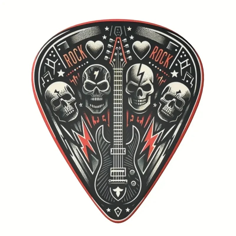 Detalles completos del Lote de 6 Púas de Guitarra con Cabeza de Muerte Hard Rock en 3 tamaños, incluye Porta Púas