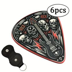 Lote de 6 Púas de Guitarra con Diseño de Calavera de Hard Rock - 3 tamaños - Incluye Soporte para Púas