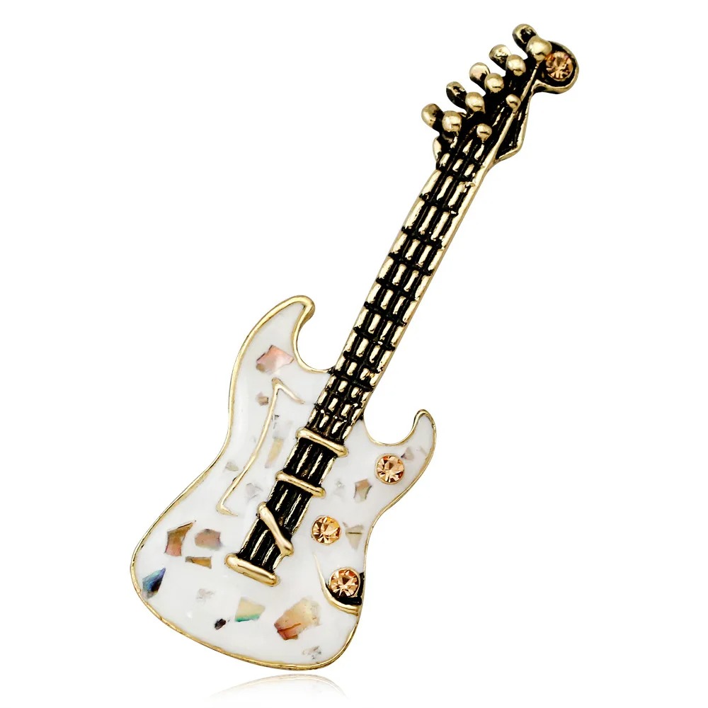 Magnífico Broche Esmaltado de Pin de Guitarra Eléctrica de Color Nácar Blanco