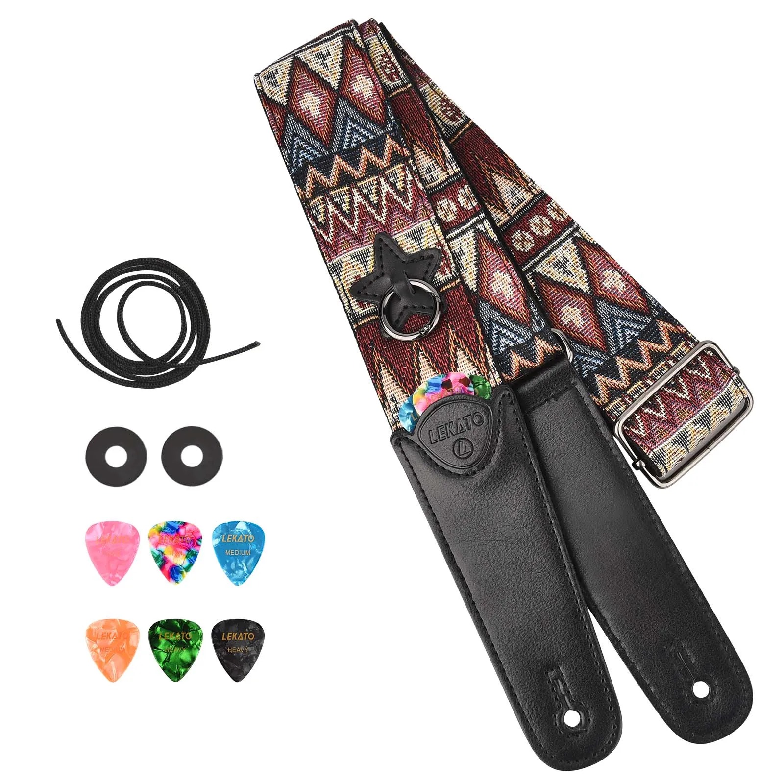 Magnífica Correa de Guitarra con Patrón Jacquard 'Vibraciones Tribales' - Set Completo con Accesorios