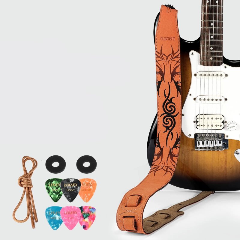 Magnífica correa de guitarra de cuero de gamuza con bordado de diseño tribal