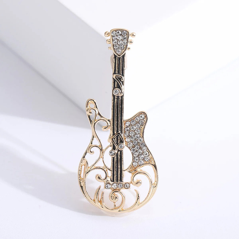 Broche de Diseño de Guitarra Eléctrica Hueca con motivo de Notas Musicales y Strass de color Oro