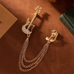 Pins de Esmalte de Guitarra Eléctrica con Strass, Cadena de Doble Corchea de Color Oro