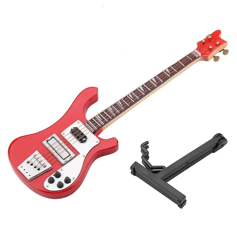 Miniatura de guitarra eléctrica baja con soporte para guitarra de color rojo