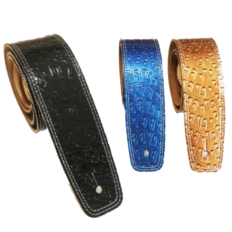 Correa de guitarra de cuero con patrones de notas musicales, disponible en 3 colores a elegir